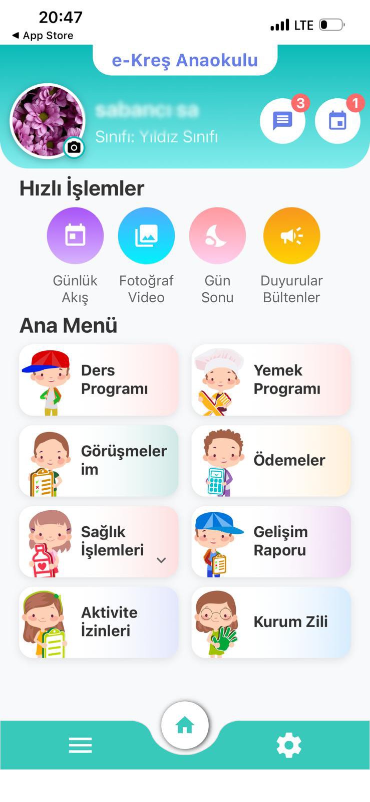 e-Kreş ana ekranı